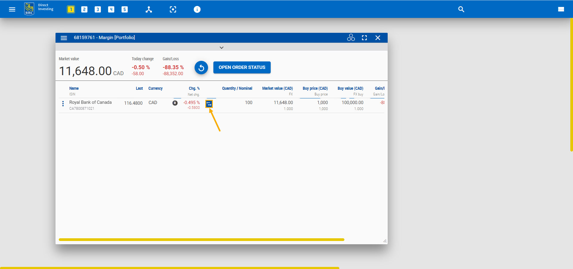 Trade icon highlighted in the portfolio budget from the list of holdings. 